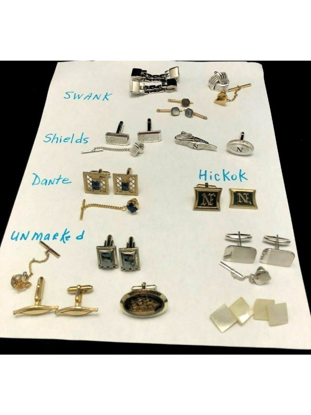VINTAGE LOT OF CUFF LINKS AND TIE TACS - SWANK, SHIELDS, HICKOK, DANTE